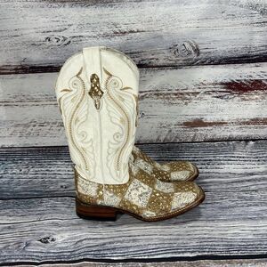 Ferrini White & Gold Patchwork Embroidered Square Toe Cowgirl Boots Women’s 7